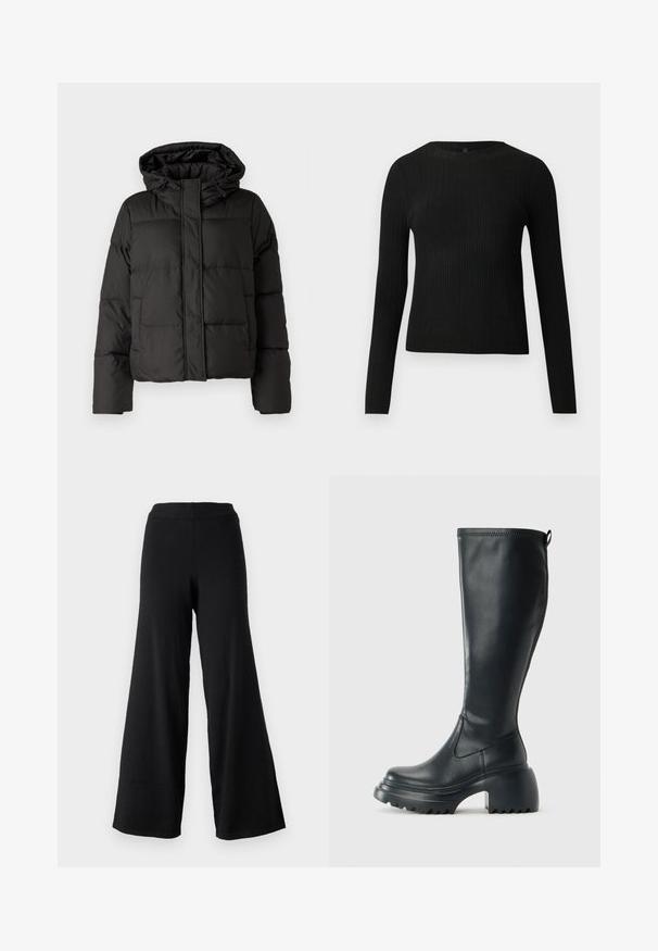 Casaco puffer preto com capuz, fecho frontal com zip e padrão acolchoado, com punhos elásticos. Feito de material sintético liso.; Suéter preto de mangas compridas com textura canelada, justo ao corpo, com um decote redondo, exibido contra um fundo claro e liso.; Calças largas pretas com uma textura suave, apresentando uma cintura alta elástica e um design reto e fluido, ideal para conforto e movimento.; Bota preta de couro alta com sola de plataforma robusta e salto bloco, apresentando puxador e padrão texturizado na sola.