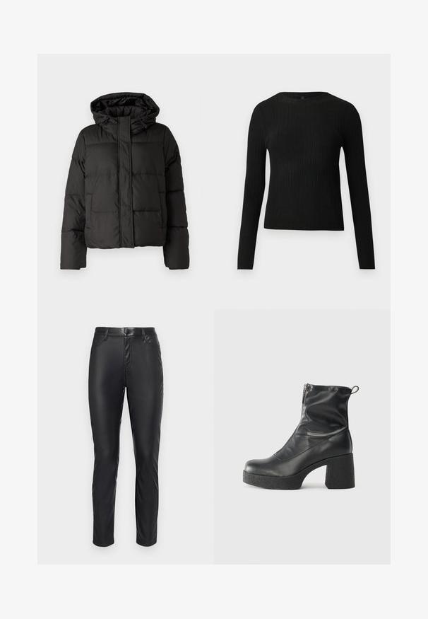 Fekete puffernadrág kapucnival, elöl cipzárral záródik, steppelt mintázattal és elasztikus mandzsettákkal rendelkezik. Simább szintetikus anyagból készült.; Fekete bordázott, hosszú ujjas, testhez simuló pulóver kerek nyakkivágással, világos, egyszínű háttér előtt kiemelve.; Fekete műbőr nadrág, amely sima kialakítással rendelkezik, testhezálló fazonnal, öt zsebbel és gombos záródással a derekán.; Fekete bokacsizmák sima bőrből, oldalsó cipzárral, vastag, texturált sarkú és lekerekített orrú dizájnnal.