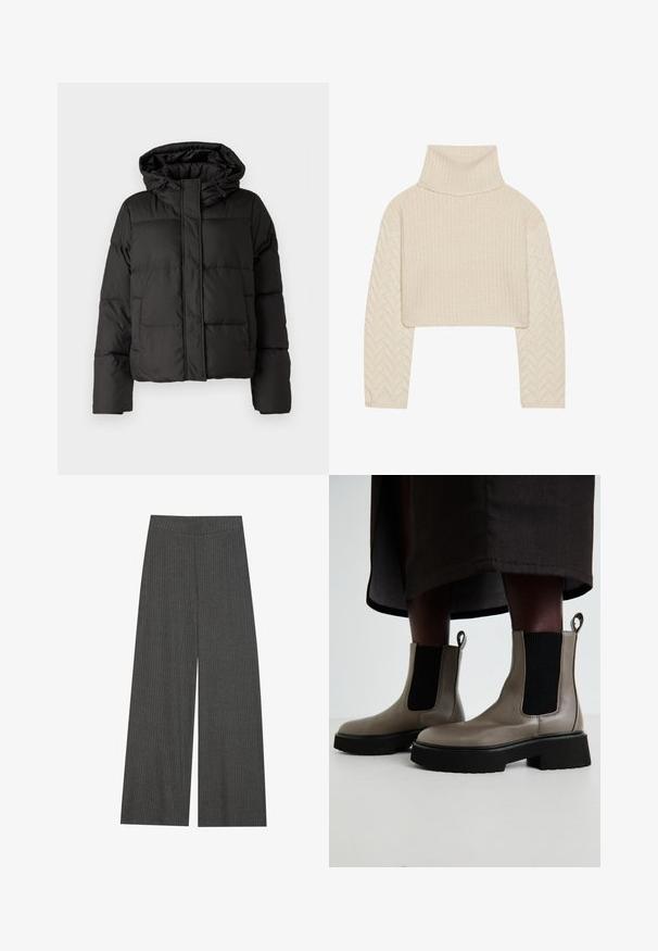 Černá péřová bunda s kapucí, zipovým zapínáním, prošívaným vzorem a elastickými manžetami. Vyrobena z hladkého syntetického materiálu.; Krémově zbarvený zkrácený svetr s vysokým límcem, texturovaným pleteným tělem a rukávy s rybí kostrou. Vyrobeno z měkké příze.; Kalhoty s širokým střihem z tmavě šedé žebrované tkaniny, s vysokým pasem a vertikálními pruhy pro texturu a detail.; Šedé kotníkové boty vyrobené z texturované kůže s elastickými bočními panely a masivní černou podrážkou. Obsahují poutka pro snadné obouvání.