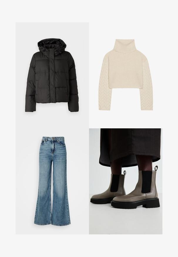 Svart pufferjakke med hette, glidelås foran, quiltet mønster og elastiske ermer. Laget av glatt syntetisk materiale.; Kremfarget cropped genser med høy hals, teksturert strikket kropp og fiskebensmønstrede ermer. Laget av mykt garnmateriale.; Høyt liv, lyseblå, vide denimjeans med frontlommer og knapplukking, vist mot en enkel hvit bakgrunn.; Grå ankelstøvler laget av teksturert lær med elastiske sidepaneler og en kraftig svart såle. Har trekksløyfer for enkel påkledning.