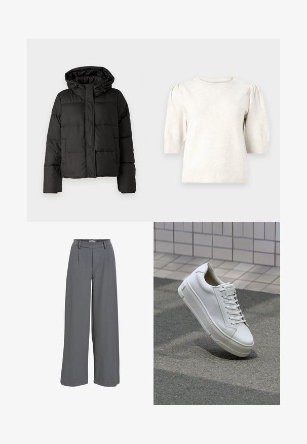 Chaqueta de plumas negra con capucha, cierre frontal con cremallera, patrón acolchado y puños elásticos. Fabricada en material sintético suave.; Suéter corto de manga corta en color crema, fabricado con un suave material de punto, que presenta un cuello redondo, hombros abullonados y borde de canalé en el dobladillo y los bordes de las mangas.; Pantalones de pierna ancha en tejido gris claro, con una cinturilla fruncida, pliegues frontales y una textura suave y lisa.; Zapatilla de cuero blanca con diseño bajo, cordones planos, punta redondeada y laterales texturizados. Suela de goma gruesa con acentos sutiles.