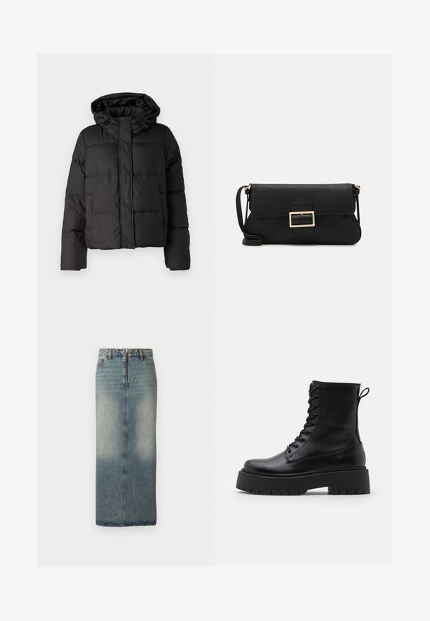 Black puffer jacket with a hood, zip front closure, quilted pattern, and elastic cuffs. Made from smooth synthetic material.; JDY JDYDINEA L/S REVERSIBLE - Jumper - fern; Denim midi skirt in light blue with a faded finish. Features a front zipper and button closure, straight cut, and minimal stitching details.; Black leather ankle boots with a round toe, lace-up front, and a thick rubber sole featuring a textured tread. Pull tab at the back.; Black leather clutch bag with a flap and a gold metal buckle detail. Includes a black strap and a sleek, minimalist design.