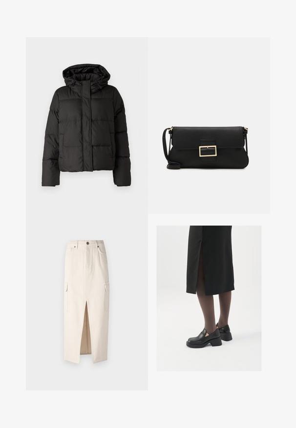 Svart pufferjakke med hette, glidelås foran, quiltet mønster og elastiske ermer. Laget av glatt syntetisk materiale.; JDY JDYDINEA L/S REVERSIBLE - Strikkegenser - fern; Beige denim midi-skjørt med frontsplitt, to sidelommer og høy midje-design. Har knappeåpning og subtil tekstur.; Sorte lærersko med rund tå, tykk blokkheel og elastiske sideaksenter, sammen med mørke strømpebukser og et svart skjørt med splitt.; Svart lær clutch-veske med klaff og detalj i gullmetall. Inkluderer en svart stropp og et strømlinjeformet, minimalistisk design.