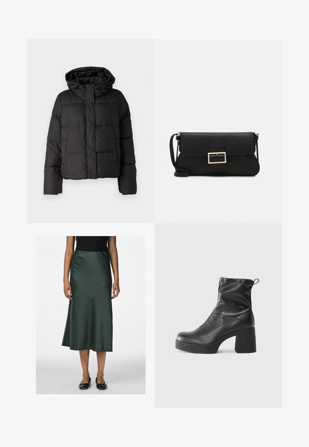 Black puffer jacket with a hood, zip front closure, quilted pattern, and elastic cuffs. Made from smooth synthetic material.; JDY JDYDINEA L/S REVERSIBLE - Jumper - fern; Satin green midi skirt with a smooth texture, slightly flared hem, and a side slit, paired with black flat shoes.; Black ankle boots made of smooth leather, featuring a side zipper, chunky textured heel, and rounded toe design.; Black leather clutch bag with a flap and a gold metal buckle detail. Includes a black strap and a sleek, minimalist design.