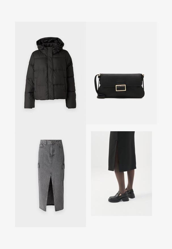 Črna puhovka s kapuco, zadrgo spredaj, prešito vzorec in elastičnimi manšetami. Narejena iz gladkega sintetičnega materiala.; JDY JDYDINEA REVERSIBLE - Pulover - fern; Siva denim midi krila z ravnim siluetom, dvema stranskima žepoma in sprednjim razporkom za lažje gibanje. Klasična denim tekstura.; Črne usnjene čevlje s zaobljenim prstom, debelim blokastim petama in elastičnimi stranskimi detajli, v kombinaciji s temno nogavicami in črno krilo z razporkom.; Črna usnjena torbica na preklop z zlato kovinsko zaponko. Vključuje črn trak in eleganten, minimalističen dizajn.