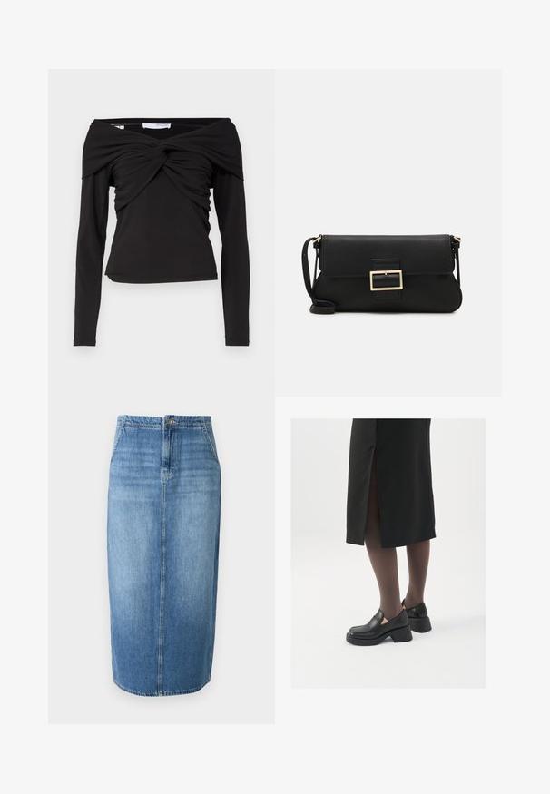 Čierna prešívaná bunda s kapucňou, so zipsom vpredu, prešívaným vzorom a elastickými manžetami. Vyrobená z hladkého syntetického materiálu.; JDY JDYDINEA L/S REVERSIBLE - Svetrík - fern; Čierny dlhý rukáv top s dizajnom bez ramienok, s krúteným uzlom vpredu a hladkým, elastickým materiálom.; Džínová ceruzková sukňa v svetlomodrej farbe s rovnými líniami, predným zapínaním na gombíky a jemným vyblednutím. Spodok sukne je tesne nad kolenami.; Čierne kožené topánky s okrúhlou špičkou, silným blokovým opätkom a elastickými bočnými akcentmi, skombinované s tmavými pančuchami a čiernou sukňou so štiepením.; Čierna kožená clutch taška s klopou a zlatým kovovým detailom s prackou. Obsahuje čierny remienok a elegantný, minimalistický dizajn.