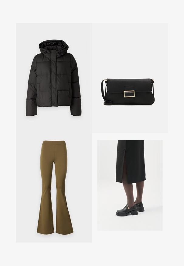 Černá péřová bunda s kapucí, zipovým zapínáním, prošívaným vzorem a elastickými manžetami. Vyrobena z hladkého syntetického materiálu.; JDY JDYDINEA REVERSIBLE - Svetr - fern; Vysoké pásové zvonové kalhoty v olivové barvě. Vyrobené z elastického materiálu, s hladkou texturou a širokým zvonovým spodkem od kolen dolů.; Černé kožené boty s kulatou špičkou, silným blokovým podpatkem a elastickými bočními akcenty, spárované s tmavými punčochami a černou sukní se rozparkem.; Černá kožená psaníčko s klopou a zlatým kovovým detailním sponou. Součástí je černý popruh a elegantní, minimalistický design.