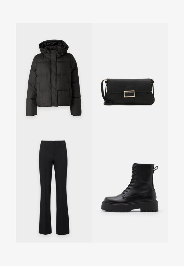 Giubbotto piumino nero con cappuccio, chiusura frontale con zip, motivo trapuntato e polsini elasticizzati. Realizzato in materiale sintetico liscio.; JDY JDYDINEA L/S REVERSIBLE - Maglione - fern; Pantaloni neri a zampa d'elefante con una texture a coste e vita aderente. Il design presenta cuciture verticali per un aspetto snello. Nessun hardware visibile.; Stivaletti in pelle nera alla caviglia con punta rotonda, lace-up frontale e suola in gomma spessa con battistrada textured. Tassello sul retro.; Borsa a mano in pelle nera con patta e dettaglio in metallo dorato. Include una tracolla nera e un design elegante e minimalista.