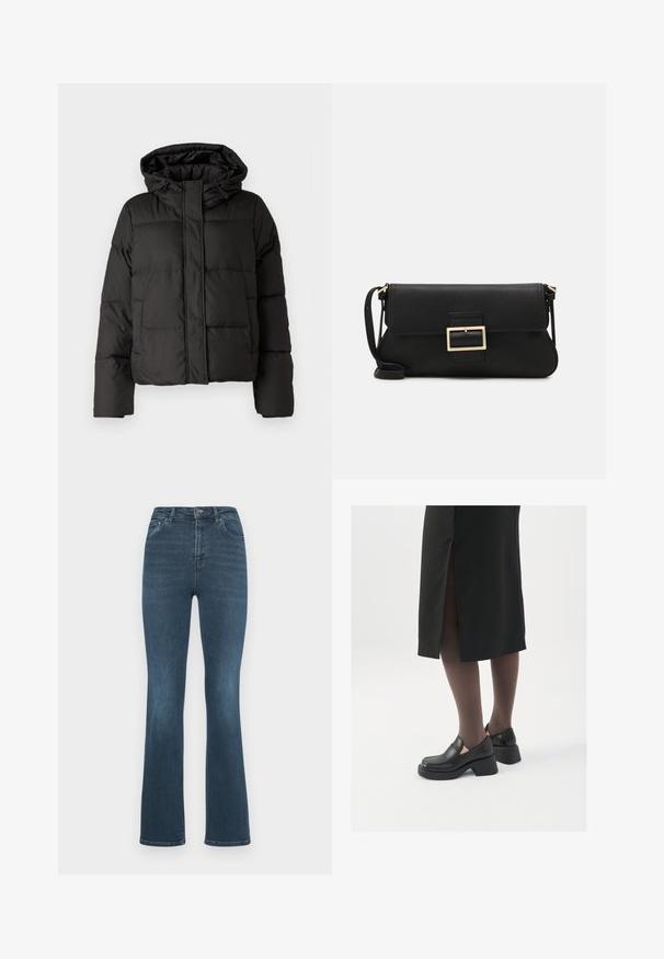 Chaqueta de plumas negra con capucha, cierre frontal con cremallera, patrón acolchado y puños elásticos. Fabricada en material sintético suave.; JDY JDYDINEA L/S REVERSIBLE - Jersey de punto - fern; Jeans acampanados de color azul oscuro hechos de denim. Las características incluyen una cintura alta, dos bolsillos frontales y un diseño clásico de cinco bolsillos con cierre de botón.; Zapatos de piel negra con punta redondeada, tacón grueso y bloque, y acentos elásticos en los laterales, combinados con unos pantys oscuros y una falda negra con una abertura.; Bolso de mano de cuero negro con una solapa y un detalle de hebilla de metal dorado. Incluye una correa negra y un diseño elegante y minimalista.