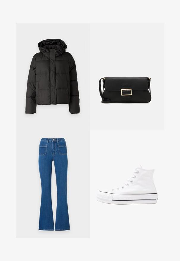 Zwarte gewatteerde jas met capuchon, ritssluiting aan de voorkant, gestikt patroon en elastische manchetten. Gemaakt van glad synthetisch materiaal.; JDY JDYDINEA L/S REVERSIBLE - Trui - fern; Uitlopende blauwe jeans met een hoge taille, gemaakt van denim. Bevat twee achterzakken en een metalen knoopsluiting aan de voorkant. Schoon, minimalistisch ontwerp.; Witte high-top canvas sneakers met een zwarte rubberen zool, een rubberen neuskap aan de voorkant en zes gaatjes voor veters, met een schone, minimalistische uitstraling.; Zwarte leren clutch met een klep en een gouden metalen sluiting. Inclusief een zwarte schouderband en een slank, minimalistisch ontwerp.