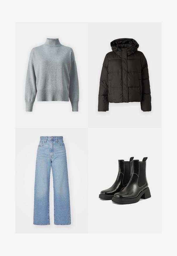 Giubbotto piumino nero con cappuccio, chiusura frontale con zip, motivo trapuntato e polsini elasticizzati. Realizzato in materiale sintetico liscio.; Maglione a maglia grigio chiaro con colletto alto a coste, vestibilità rilassata, maniche lunghe e bordo a costine. Texture morbida e design minimalista.; Jeans a vita alta blu chiaro con gamba larga, chiusura frontale con bottone e zip, tasche anteriori e posteriori, su uno sfondo bianco.; Stivali Chelsea in pelle nera con tacco spesso, pannelli elasticizzati sui lati e cuciture bianche a contrasto. Finitura testurizzata.