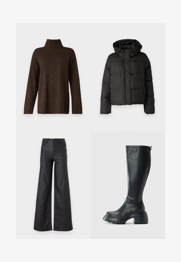 Fekete puffernadrág kapucnival, elöl cipzárral záródik, steppelt mintázattal és elasztikus mandzsettákkal rendelkezik. Simább szintetikus anyagból készült.; Barna kötött pulóver magas bordás gallérral, széles ujjal és puha textúrával. Laza szabású, a ujjak bordás díszítéssel.; Fekete, bő szabású nadrág mesterséges bőrből. Jellemzője a magas derék, övhurkok, két elülső zseb és varrott részletek.; Magas fekete bőrcipő, vastag platform talppal és blokk sarokkal, húzófüllel és texturált profillal az outsole-on.