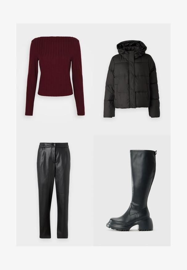 Fekete puffernadrág kapucnival, elöl cipzárral záródik, steppelt mintázattal és elasztikus mandzsettákkal rendelkezik. Simább szintetikus anyagból készült.; Burgundi hosszú ujjú bordázott felső, egyenes dekoltázzsal, karcsú szabással és texturált anyaggal. Zökkenőmentes kivitel a mandzsettákon és az alján.; Fekete bőr nadrág sima textúrával, egyenes szabással, rugalmas derékkal és elülső gombos záródással; pliszírozott részletezéssel és szűkített lábakkal.; Magas fekete bőrcipő, vastag platform talppal és blokk sarokkal, húzófüllel és texturált profillal az outsole-on.