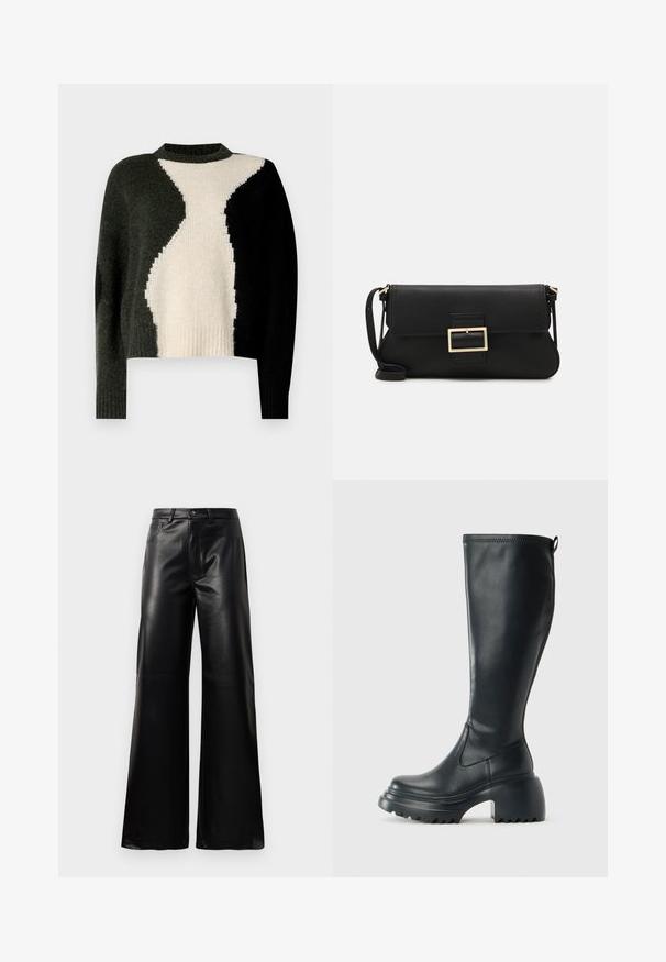 Zwarte gewatteerde jas met capuchon, ritssluiting aan de voorkant, gestikt patroon en elastische manchetten. Gemaakt van glad synthetisch materiaal.; Gebreide trui met een kleurblokontwerp in zwart, donkergroen en crème. Ronde halslijn en geribbelde zoom. Zachte textuur, relaxte pasvorm.; Zwarte high-waisted wide-leg neplederen broek met een voorste knoop, ritssluiting, riemlussen en zijzakken op een witte achtergrond.; Hoge zwarte leren laars met een chunky plateauzool en blokhak, voorzien van een trekband en een gestructureerd profiel op de buitenzool.; Zwarte leren clutch met een klep en een gouden metalen sluiting. Inclusief een zwarte schouderband en een slank, minimalistisch ontwerp.