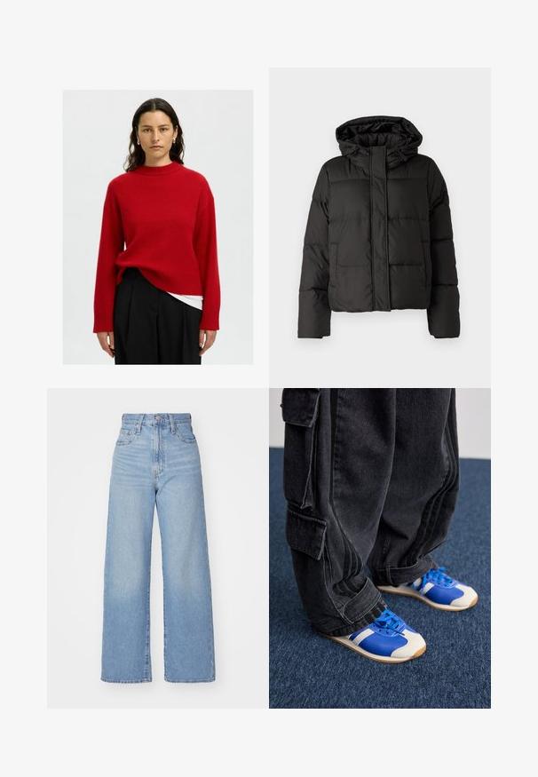 Must musterk jacket, millede, tõmbluku ees sulgemine, tikandmuster ja elastsed mansetid. Valmistatud siledast sünteetilisest materjalist.; Punane kudum-sviiter kõrge kaelusega, langenud õlgadega ja soonikkraega. Stiliseeritud valge alaosa peale, koosmustade pükstega.; Heledad sinine kõrge vöökohaga laiad teksad, ees nupp ja tõmblukk, ees ja taga taskud, valge tausta peal.; Inimene, kes kannab laiu musti cargo-pükse ja siniste ning valgete tossude, seisab tumesinisel vaibal.