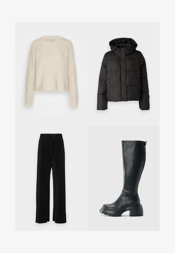 Must musterk jacket, millede, tõmbluku ees sulgemine, tikandmuster ja elastsed mansetid. Valmistatud siledast sünteetilisest materjalist.; Soehene kohev paksus, millel on tekstuuriga kootud muster, pikad varrukad ja ümmargune kaelus. Lühendatud disain ja lõdva istuvusega mugavuse huvides.; Mustad pleekitud püksid elastse vöökohtaga. Omavad laiad jalad ja sujuvat, tekstureeritud kangast vertikaalsete triipudega.; Kõrge must nahksaapad, millel on massiivne platvormi tald ja blokk-kand, varustatud tõmbenööriga ja tekstuuriga väljatõmbejääk.