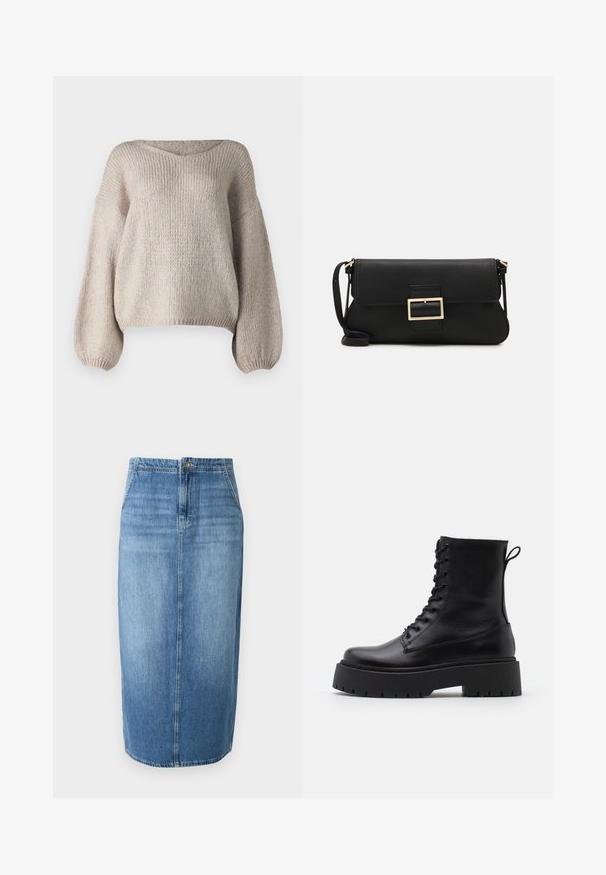 Schwarze Daunenjacke mit Kapuze, Reißverschluss auf der Vorderseite, gestepptem Muster und elastischen Bündchen. Hergestellt aus glattem Synthetikmaterial.; Beige Strickpullover mit weit ausgeschnittenem V-Ausschnitt, langen Ballonärmeln und einem cropped Saum. Die Textur ist grob und weich und weist ein schlichtes Design auf.; Jeans-Bleistiftrock in Hellblau mit geradem Schnitt, vorderem Knopfverschluss und subtiler Verwaschung. Der Saum endet knapp über dem Knie.; Schwarze Lederstiefeletten mit runder Zehenpartie, Schnürung vorne und einer dicken Gummisohle mit strukturiertem Profil. Mit Zugschlaufe an der Rückseite.; Schwarze Leder-Clutch mit Klappe und goldfarbenem Metallschnallen-Detail. Enthält einen schwarzen Riemen und ein schlankes, minimalistisches Design.