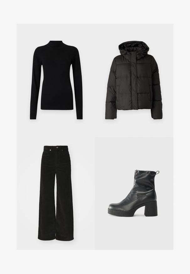Sort pufferjakke med hætte, lynlås foran, quiltet mønster og elastiske manchetter. Fremstillet af glat syntetisk materiale.; Sort turtleneck sweater lavet af glat, letvægtigt stof. Har lange ærmer og tætsiddende manchetter, med ribbet tekstur ved kanten.; Sorte kordfløjl bredbenede bukser med høj talje, der har to forlommer og en metalknaplukning. Tekstureret stof med lodrette ribber.; Sorte ankelstøvler lavet af glat læder, med en sidelukning, kraftig struktureret hæl og rundt tådesign.