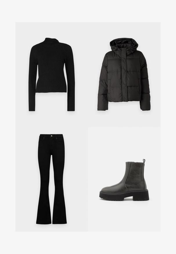 Crna puffer jakna s kapuljačom, zatvaranjem na zip, kviltanim uzorkom i elastičnim manžetama. Izrađena od glatkog sintetičkog materijala.; Crna rebrasta turtleneck sweatshirt s dugim rukavima i prilagođenim siluetom. Ima teksturiranu tkaninu i mekan, rastezljiv materijal.; Crne traperice viskog struka s kopčanjem na gumb i rajfeslusu, prednjim džepovima i širom nogavicama položene su ravno na bijeloj pozadini.; Crne gležnjače s glatkim sintetičkim gornjim dijelom, elastičnim bočnim panelima, povlačnom petljom i debelim gumennim potplatom.