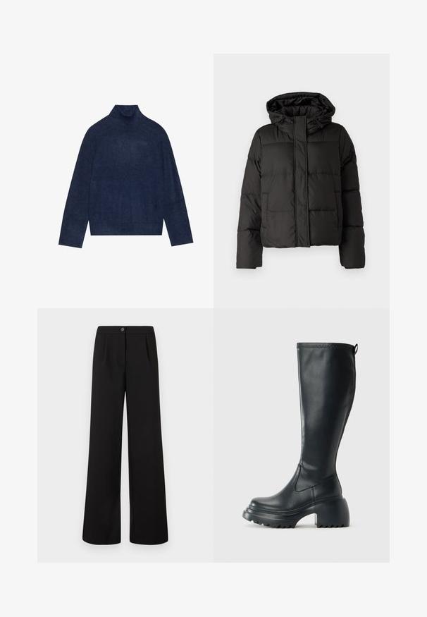 Must musterk jacket, millede, tõmbluku ees sulgemine, tikandmuster ja elastsed mansetid. Valmistatud siledast sünteetilisest materjalist.; Tumed turtleneck-sviiter, millel on soonikdetailid kaeluses ja varrukates, valmistatud pehmest, tekstureeritud kudumstoffist, millel on lõdvestunud siluett.; Mustad kõrge vöökohaga laiad püksid, millel on esine nupp ja tõmblukk, ning vöökohal on peened voldid.; Kõrge must nahksaapad, millel on massiivne platvormi tald ja blokk-kand, varustatud tõmbenööriga ja tekstuuriga väljatõmbejääk.