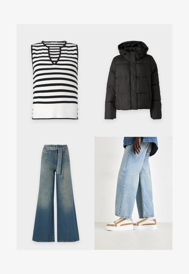 Fekete puffernadrág kapucnival, elöl cipzárral záródik, steppelt mintázattal és elasztikus mandzsettákkal rendelkezik. Simább szintetikus anyagból készült.; Fekete-fehér csíkos ujjatlan felső V-kivágással, bordázott textúrával és dekoratív gombokkal az oldalán. Könnyű kötött anyag.; Bőszárú farmernadrág, világos és sötétkék árnyalatokkal, magas derekú, övgyűrűkkel és a nadrággal megegyező anyagú övvel. Textúrált farmer kivitel.; Platform sneaker egy fehér talppal, bézs részletekkel és különböző szövettextúrákkal, laza, világoskék farmernadrággal párosítva.