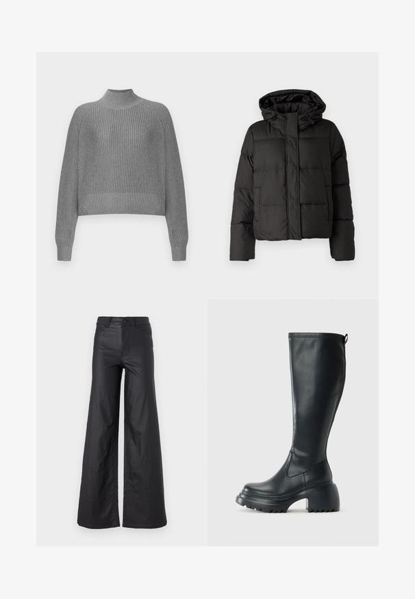 Black puffer jacket with a hood, zip front closure, quilted pattern, and elastic cuffs. Made from smooth synthetic material.; Gray ribbed sweater with a high neckline, dropped shoulders, and long sleeves. Features a textured knit and a cropped hem.; Black, wide-leg pants in a faux leather material. Features a high waist, belt loops, two front pockets, and stitched detailing.; Tall black leather boot with chunky platform sole and block heel, featuring pull tab and textured tread on outsole.