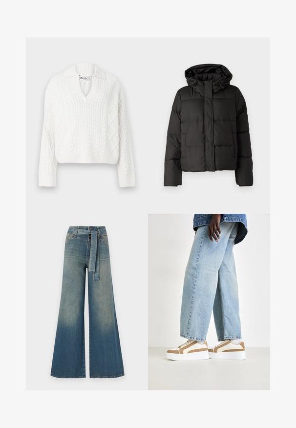 Geacă puffer neagră cu glugă, închidere cu fermoar în față, model matlasat și manșete elastice. Realizată din material sintetic neted.; Pulover alb tricotat cu decolteu în V și guler. Prezintă modele texturate, tiv ribbed și mâneci lungi. Fabricat dintr-un material moale.; Pantaloni din denim largi, cu un gradient de la albastru deschis la albastru închis, talie înaltă, bucle pentru curea și o curea din același material. Finisaj texturat din denim.; Adidași cu platformă, cu o talpă albă, accente bej și un amestec de texturi textile, asortați cu blugi din denim deschis la culoare, cu croială lejeră.