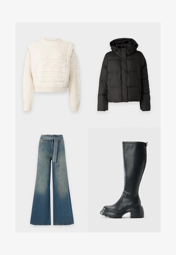 Black puffer jacket with a hood, zip front closure, quilted pattern, and elastic cuffs. Made from smooth synthetic material.; VILA VICALA O NECK - Jumper - birch; Wide-leg denim trousers featuring a light to dark blue gradient, high waist, belt loops, and a matching fabric belt. Textured denim finish.; Tall black leather boot with chunky platform sole and block heel, featuring pull tab and textured tread on outsole.