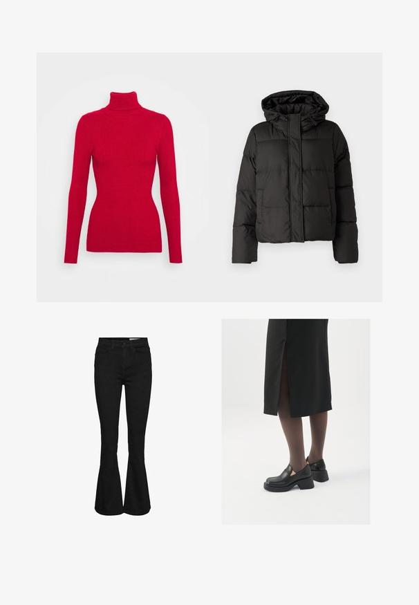 Giubbotto piumino nero con cappuccio, chiusura frontale con zip, motivo trapuntato e polsini elasticizzati. Realizzato in materiale sintetico liscio.; Maglione a collo alto rosso a coste, con maniche lunghe, tessuto testurizzato, silhouette aderente e colletto alto. Senza decorazioni visibili.; Jeans neri a vita alta con gambe svasate, chiusura frontale a bottone e zip, due tasche anteriori e passanti per cintura.; Scarpe in pelle nera con punta arrotondata, tacco spesso a blocco e accenti laterali in elastico, abbinate a collant scuri e una gonna nera con uno spacco.