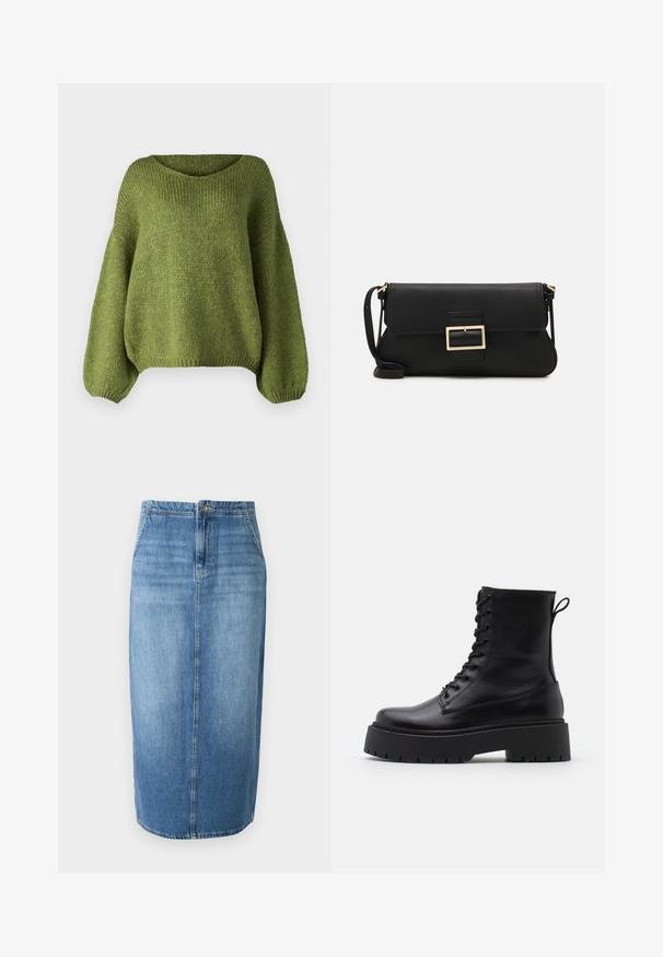 Melna pūkainā jaka ar kapuci, ar rāvējslēdzēju priekšpusei, ar izšūtu rakstu un elastīgām aprocēm. Izgatavota no gludas sintētiskas vielas.; JDY JDYDINEA L/S REVERSIBLE - Džemperis - fern; Gaiši zilā denima zīda svārki ar taisnu griezumu, priekšējo pogu aizdari un diskreto izbalējušu efektu. Malu garums ir nedaudz virs ceļgaliem.; Melni ādas potītēm zābaki ar apļveida purngalu, auklām priekšpusē un biezu gumijas zoli ar teksturētu protektoru. Velkšanas cilpa aizmugurē.; Melnas ādas saķeres soma ar atloku un zelta metāla sprādzi. Ietver melnu siksnu un elegantu, minimālistisku dizainu.