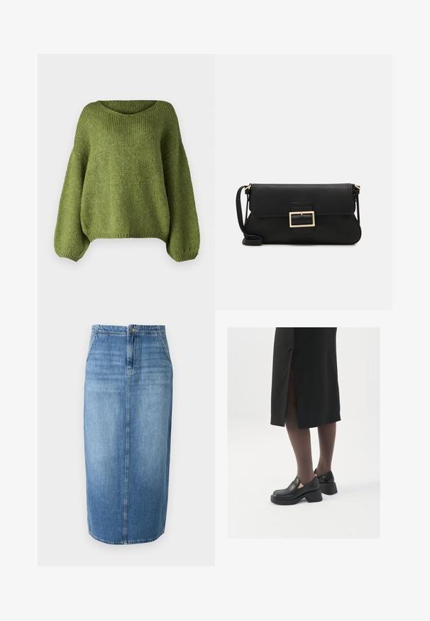 Czarna puchowa kurtka z kapturem, z zamkiem z przodu, pikowany wzór i elastyczne mankiety. Wykonana z gładkiego materiału syntetycznego.; JDY JDYDINEA zielony; Jasnoniebieska dżinsowa spódnica o kroju ołówkowym, z prostą linią, przednim zapięciem na guziki i delikatnym wyblaknięciem. Długość do linii kolan.; Czarne skórzane buty z okrągłym noskiem, grubym blokowym obcasem i elastycznymi akcentami po bokach, zestawione z ciemnymi rajstopami i czarną spódnicą z rozcięciem.; Czarna skórzana torebka kopertowa z klapką i detalem w postaci złotej metalowej klamry. Zawiera czarny pasek oraz elegancki, minimalistyczny design.