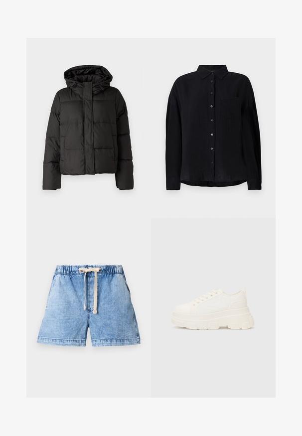 Fekete puffernadrág kapucnival, elöl cipzárral záródik, steppelt mintázattal és elasztikus mandzsettákkal rendelkezik. Simább szintetikus anyagból készült.; Fekete, hosszú ujjú ing, könnyű anyagból készült, hegyes gallérral, gombos elülső résszel, egyetlen mellzsebbel és laza szabású.; Világoskék farmer rövidnadrág, elasztikus derékkal és zsinóros részlettel. Két oldalsó zsebbel és egyenes szabású szegéllyel rendelkezik.; Fehér vászon sportcipő vastag talppal, lekerekített orral és öt fűzőlyukkal. Hátulján egy fül a könnyű felvétel érdekében. Simára kidolgozott textúra, minimális dizájn.