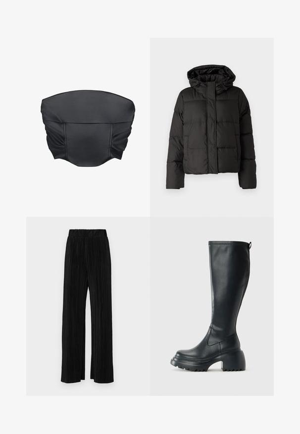 Crna puffer jakna s kapuljačom, zatvaranjem na zip, kviltanim uzorkom i elastičnim manžetama. Izrađena od glatkog sintetičkog materijala.; Crni faux kože skraćeni top s nabranom teksturom i strukturom, s glatkom površinom i minimalnim detaljima šivanja.; Crne plisirane hlače s elastičnim pojasom. Imaju široke nogavice i glatku, teksturiranu tkaninu s vertikalnim prugama.; Visoke crne kožne čizme s debelim platformskim đonom i blok petom, s patentom za povlačenje i teksturiranim uzorkom na potplatu.