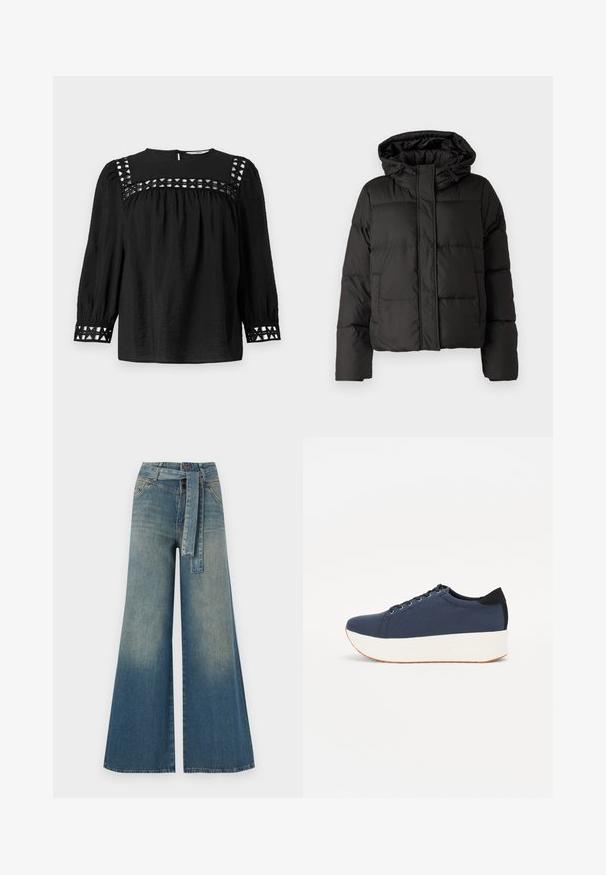 Must musterk jacket, millede, tõmbluku ees sulgemine, tikandmuster ja elastsed mansetid. Valmistatud siledast sünteetilisest materjalist.; Must nagu blouse, millel on ümmargune kaelus, puffhüpped ja dekoratiivsed lõikeDetailid õlgadel ja mansettidel. Tekstuurne kangas.; Laiad denimpüksid, millel on hele tume sinine gradiendiefekt, kõrge vöökoht, vöökumlid ja sobivast kangast vöö. Struktureeritud denimi viimistlus.; Tumedat sinised tennised tekstureeritud riidest pealispinnaga, valge platvormi tallaga, ümarate varvaste ja musta kontsapaneeliga. Omab kuut silma paelte jaoks.