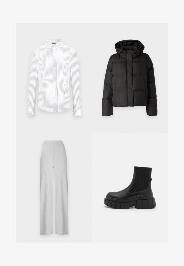 Fekete puffernadrág kapucnival, elöl cipzárral záródik, steppelt mintázattal és elasztikus mandzsettákkal rendelkezik. Simább szintetikus anyagból készült.; Fehér, hosszú ujjú, gombos ing vékony, függőleges fekete csíkokkal és hegyes gallérral.; Világosszürke bordás, bő szárú nadrág magas derékkal és elülső hasítékkal. Puha anyagból készült, sima felülettel.; Fekete bokacsizmák sima bőrből, elasztikus oldalsó panelek, vastag platform talp és texturált bordázatú talpszerkezettel.