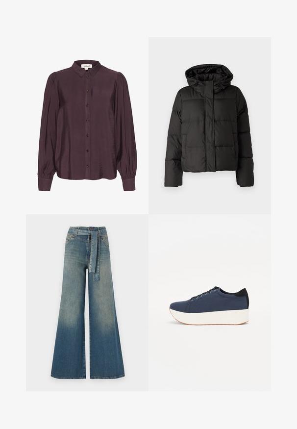 Must musterk jacket, millede, tõmbluku ees sulgemine, tikandmuster ja elastsed mansetid. Valmistatud siledast sünteetilisest materjalist.; Ploomivärvi pluus läikivas, kerges materjalis. Omab nööpidega esist, pikki varrukaid koos kogutud mansettidega ja klassikalist kraed.; Laiad denimpüksid, millel on hele tume sinine gradiendiefekt, kõrge vöökoht, vöökumlid ja sobivast kangast vöö. Struktureeritud denimi viimistlus.; Tumedat sinised tennised tekstureeritud riidest pealispinnaga, valge platvormi tallaga, ümarate varvaste ja musta kontsapaneeliga. Omab kuut silma paelte jaoks.