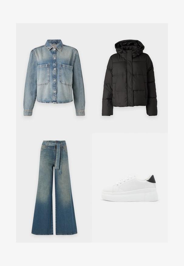 Svart pufferjakke med hette, glidelås foran, quiltet mønster og elastiske ermer. Laget av glatt syntetisk materiale.; Lyseblå denimjakke med spiss krage, knapper foran og to brystlommer. Har lange ermer og en litt kortere design.; Bredde ben jeans med en lyseblå til mørkeblå gradient, høyt liv, beltehemper og et matchende belte i samme stoff. Teksturert denimoverflate.; Hvite plattform sneakers laget av glatt syntetisk materiale, med rund tå, snøring og en strukturert gummisåle. Svart hæl akcent.