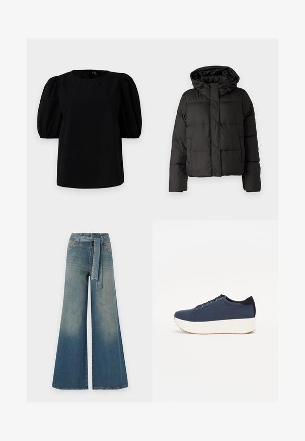 Melna pūkainā jaka ar kapuci, ar rāvējslēdzēju priekšpusei, ar izšūtu rakstu un elastīgām aprocēm. Izgatavota no gludas sintētiskas vielas.; Melna blūze ar apaļu kakla izgriezumu un īsām pūkainām piedurknēm. Audums ir gluds, bez redzamām rakstām vai akcentiem.; Platām kājām džinsu bikses ar gaismas līdz tumši zilam gradientam, augstu jostas līniju, jostas cilpām un atbilstošu auduma jostu. Tekstūrēts džinsas apdare.; Navy zilo apavi ar strukturētu auduma augšdaļu, baltu platformas zoli, noapaļotu pirkstu daļu un melnu papēža akcentu. Iekļautas sešas acs caurumi šnuķēšanai.