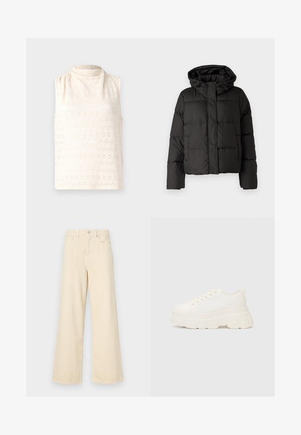 Melna pūkainā jaka ar kapuci, ar rāvējslēdzēju priekšpusei, ar izšūtu rakstu un elastīgām aprocēm. Izgatavota no gludas sintētiskas vielas.; Bez Piedurknēm krēmkrāsas topiņš, izgatavots no rakstainas mežģīnes ar augstu kakla izgriezumu un maigu tekstūru. Satur ziedu rakstu horizontālās līnijās.; Bežīgas platpēdas džinses, izgatavotas no kokvilnas. Iekļauj pogu aizdari, jostas cilpas un priekšējos kabatas ar gludu, mīkstu tekstūru.; Baltas kavu tenisa apavi ar masīvu zoli, apaļu purngalu un piecām acīm auklām. Aizmugures cilpa vieglai uzvilkšanai. Gluda tekstūra, minimāls dizains.