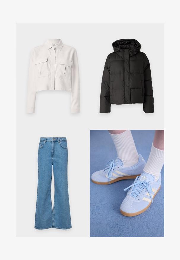 Čierna prešívaná bunda s kapucňou, so zipsom vpredu, prešívaným vzorom a elastickými manžetami. Vyrobená z hladkého syntetického materiálu.; Skratená svetlo šedá bunda vyrobená z kordovej látky. Obsahuje golier, predné zapínanie na zips a dve náprsné vrecká. Dlhé rukávy.; Svetlomodré rozšírené džínsy vyrobené z denimu, s vysokým pásom, piatimi vreckami a jednopoložkovým zapínaním na gombík. Mäkká textúra s vyblednutým povrchom.; Svetlo modré semišové tenisky s bielymi pruhmi, plochými šnúrkami a gumenou podrážkou. Nad členkami sú nosené rebrované biele ponožky.