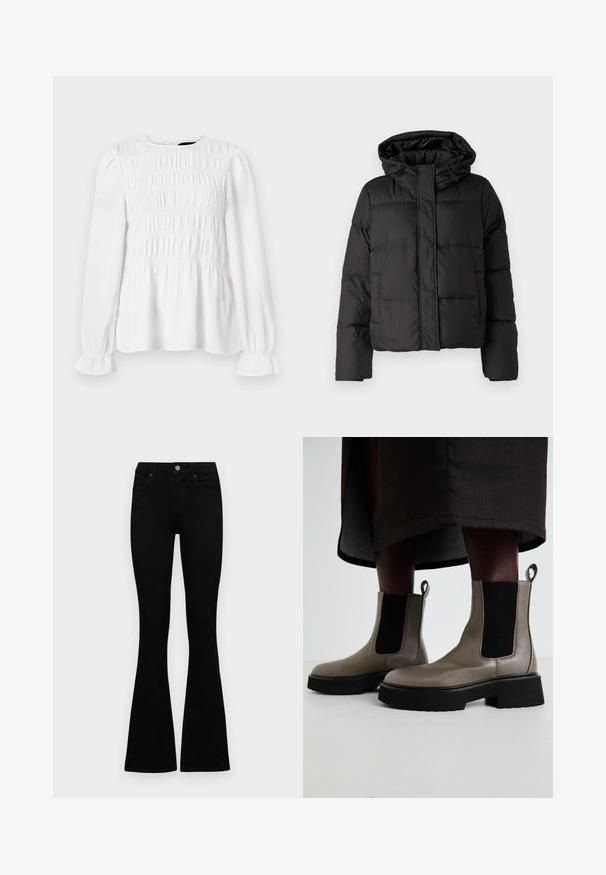 Juodas pūkinis džinsas su kapišonu, užtrauktuku priekyje, siuvinėtu raštu ir elastingais rankogaliais. Pagamintas iš lygios sintetinės medžiagos.; Balta ilga rankovė, su raukšlėta tekstūra, apvaliu iškirpimu ir volantais ant rankovių. Lengvas audinys, šiek tiek laisvas kirpimas.; Juodos aukšto liemens džinsai su mygtuku ir užtrauktuku, priekinėmis kišenėmis ir platėjančiomis kojomis, išdėstyti ant baltos fono.; Pilkas kulkšninis batus, pagamintus iš tekstūruotos odos, su elastingomis šoninėmis panelėmis ir masyviu juodu padu. Yra užtrauktukai, skirti lengvam vilkimo procesui.