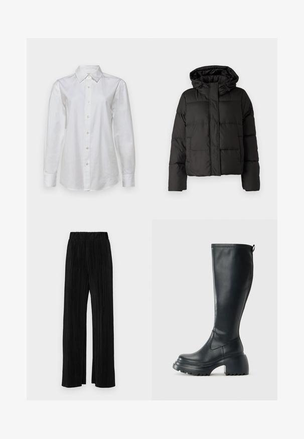 Black puffer jacket with a hood, zip front closure, quilted pattern, and elastic cuffs. Made from smooth synthetic material.; White long-sleeve shirt made of cotton. Features a pointed collar and a button-down front with matching buttons. Smooth texture.; Black pleated trousers with an elastic waistband. Features wide legs and a smooth, textured fabric with vertical stripes.; Tall black leather boot with chunky platform sole and block heel, featuring pull tab and textured tread on outsole.