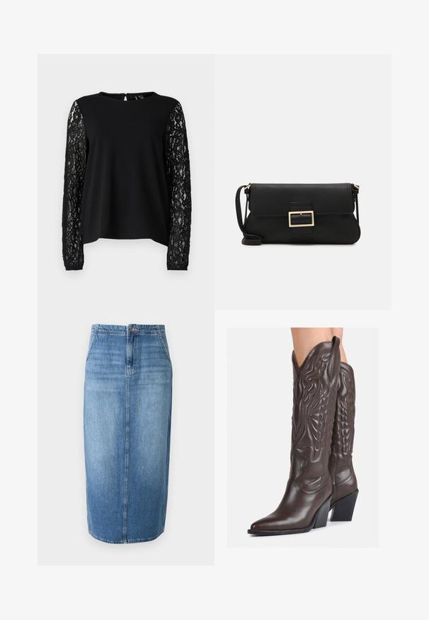 Black puffer jacket with a hood, zip front closure, quilted pattern, and elastic cuffs. Made from smooth synthetic material.; Black top featuring a solid bodice and long sleeves made of intricate black lace, with a round neckline and back keyhole opening.; Denim pencil skirt in light blue featuring a straight cut, front button closure, and subtle fading. Hemline is just above the knee.; Brown leather cowboy boots with pointed toe and block heel, featuring detailed stitching and raised accents on the shaft.; Black leather clutch bag with a flap and a gold metal buckle detail. Includes a black strap and a sleek, minimalist design.