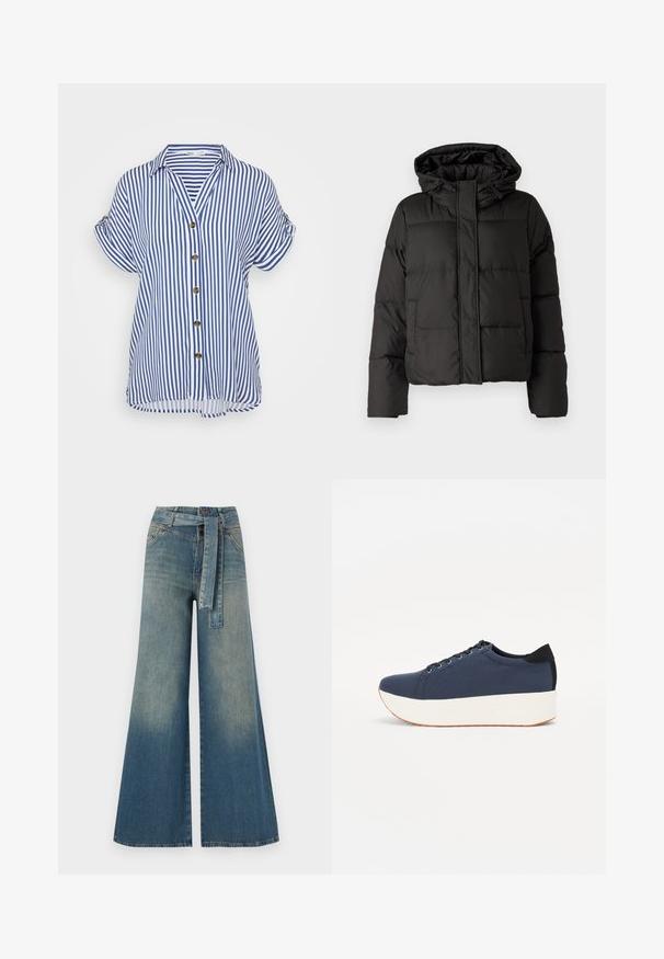 Fekete puffernadrág kapucnival, elöl cipzárral záródik, steppelt mintázattal és elasztikus mandzsettákkal rendelkezik. Simább szintetikus anyagból készült.; Rövid ujjú gombos ing kék és fehér függőleges csíkokkal, gallérral és nagy barna gombokkal az elején. Lekerekített alsó szegély.; Bőszárú farmernadrág, világos és sötétkék árnyalatokkal, magas derekú, övgyűrűkkel és a nadrággal megegyező anyagú övvel. Textúrált farmer kivitel.; Sötétkék sportcipő, texturált szövet felsőrész, fehér platform talp, lekerekített orr és fekete sarok akcentussal. Hat fűzőlyuk található rajta.