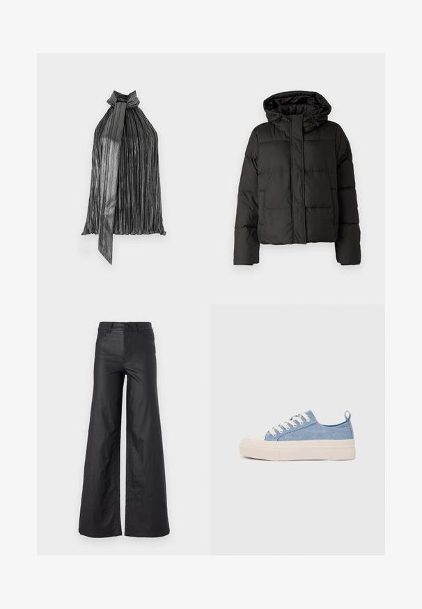 Geacă puffer neagră cu glugă, închidere cu fermoar în față, model matlasat și manșete elastice. Realizată din material sintetic neted.; Top halter plisat negru și argintiu cu închidere legată la gât, având dungi verticale și o textură fluidă, ușoară.; Pantaloni negri, cu picioare largi, dintr-un material de piele ecologică. Prezentază talie înaltă, bucle pentru curea, două buzunare frontale și detalii cusute.; Sneakers din pânză de culoare albastru deschis, cu vârf și talon din cauciuc crem, având șireturi albe și un maner pe călcâi.