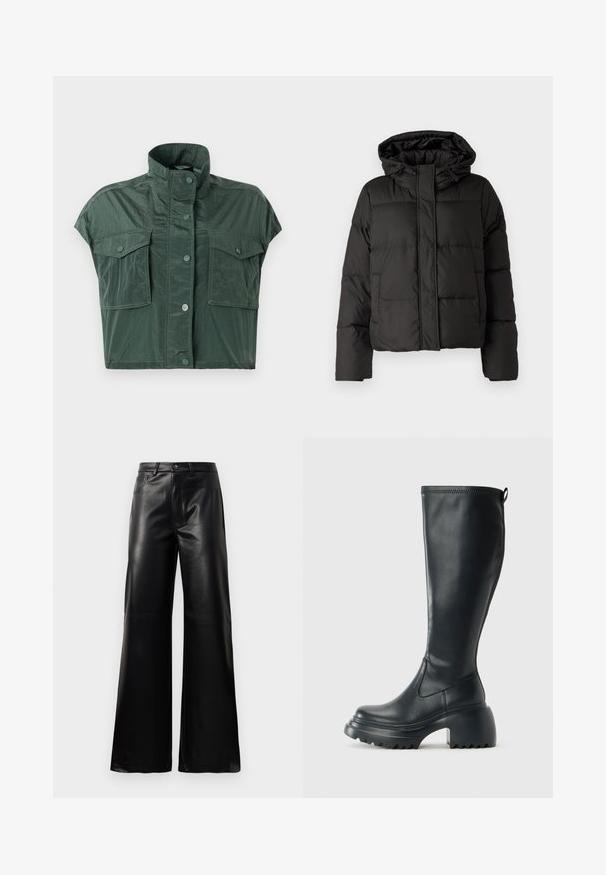 Svart puffjacka med huva, dragkedja fram, kviltat mönster och elastiska ärmslut. Tillverkad av ett slätt syntetiskt material.; Korta ärmar på en kortjacka i mörkgrön färg, tillverkad av ett glänsande, texturerat material; har två framfickor och en hög krage med knappstängning.; Svarta högmidjade vida byxor i konstläder med framknapp, dragkedjestängning, bältesöglor och sidofickor på vit bakgrund.; Höga svarta läderstövlar med kraftig plattformssula och blockklack, med dragflik och strukturerat mönster på yttersulan.
