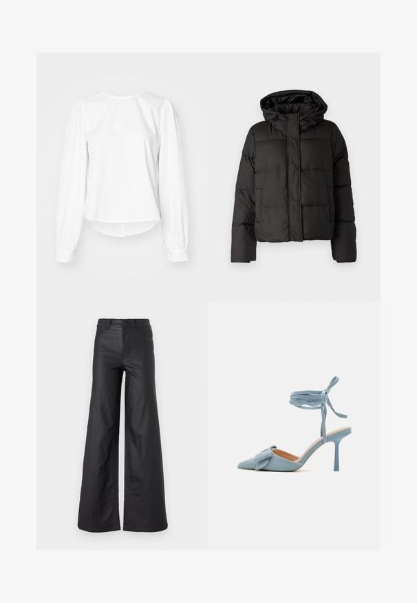 Must musterk jacket, millede, tõmbluku ees sulgemine, tikandmuster ja elastsed mansetid. Valmistatud siledast sünteetilisest materjalist.; Valge pikkade varrukatega pluus, millel on lõdva sobivusega, puhvvarrukad, ümar kaelus ja nööbiga mansetid. Sile ja krõbe tekstuur.; Mustad, laiad püksid kunstnahast. Omab kõrget vööd, vöökotte, kahte esipoolset taskut ja õmmeldud detaile.; Kitsas varbaga kõrge kontsaga kingad helesinisest kangast, millel on tekstuuriga viimistlus, kaunistatud paeltega ja pahkluuringiga, tagamaks kindlat sobivust.