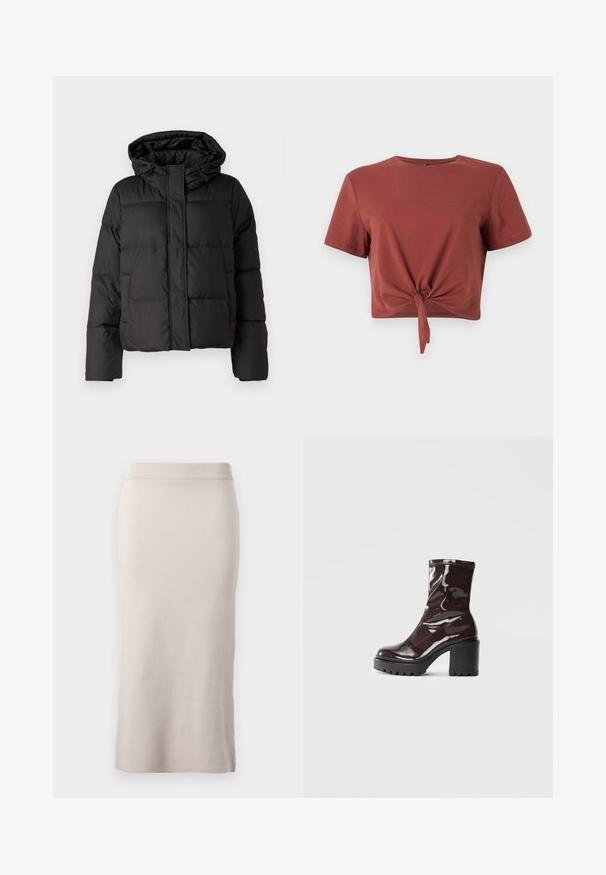 Crna puffer jakna s kapuljačom, zatvaranjem na zip, kviltanim uzorkom i elastičnim manžetama. Izrađena od glatkog sintetičkog materijala.; Majica boje hrđe, skraćena, od mekanog pamuka, s kratkim rukavima i čvorom sprijeda. Glatka tekstura, okrugli izrez.; Pleteni olovni suknja u svijetlo bež boji, s rebrastim pojasom, uskim krojem i bočnim prorezom za lakše kretanje. Mekani tekstur, minimalistički dizajn.; Sjajna burgundska čizma do gležnja s debelim crnim potplatom, koja se odlikuje glatkom teksturom i jednostavnim dizajnom. Nema vidljivih kopčanja ili uzoraka.