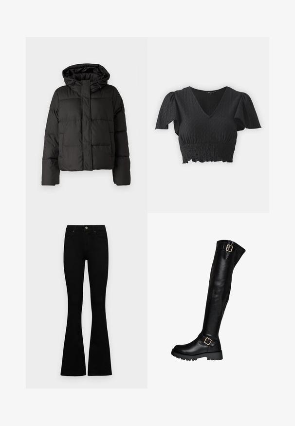 Chaqueta de plumas negra con capucha, cierre frontal con cremallera, patrón acolchado y puños elásticos. Fabricada en material sintético suave.; Top corto negro con mangas cortas abullonadas, escote en V y tejido texturizado. Presenta una cinturilla fruncida y un dobladillo con volantes.; Jeans negros de cintura alta con cierre de botón y cremallera, bolsillos frontales y piernas acampanadas, dispuestos sobre un fondo blanco.; Botín de cuero negro hasta la rodilla con suela gruesa y dos hebillas doradas, una en el tobillo y otra en la parte superior.