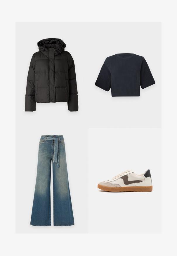 Chaqueta de plumas negra con capucha, cierre frontal con cremallera, patrón acolchado y puños elásticos. Fabricada en material sintético suave.; Suéter de punto corto en navy oscuro con textura acanalada, mangas cortas y anchas, y escote redondo. Diseño simple, sin patrones o acentos visibles.; Pantalones de mezclilla de pierna ancha con un degradado de azul claro a oscuro, cintura alta, trabillas para cinturón y un cinturón de tela a juego. Acabado de mezclilla texturizada.; Zapatillas con una parte superior de cuero crema y un acento de ante marrón oscuro, cordones beiges y una suela de goma; diseño clásico de perfil bajo.